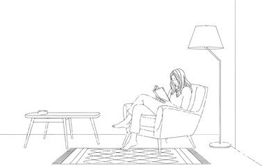 Serene Woman Enjoying a Book in a Cozy Minimalist Living Room Illustration with Clean Lines