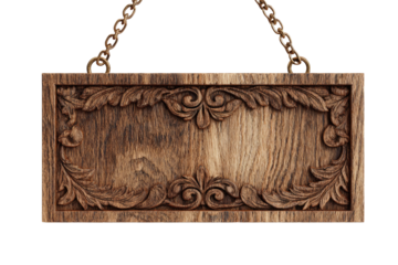 Ornate wooden sign, rectangular shape, hanging from chains.  Carved floral and scrollwork border.  Natural wood tones