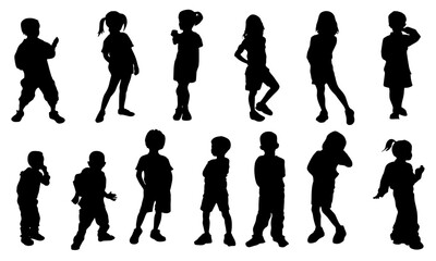 children in various playful poses, standing, sitting, walking, waving, ideal for kids’ education, websites, creative projects, family, youth, Silhouette vector illustration