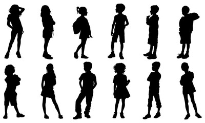 Vector illustration of kids’ silhouettes featuring children in playful, standing, sitting, and walking poses. Suitable for children’s education, family themes, youth development