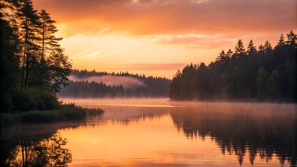 Serene sunrise over a misty forest lake, with vibrant orange and gold hues reflecting on the calm water, and a thick fog bank lingering over the distant trees.