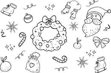 Christmas doodle with candy, wreath, Santa icon set. Winter holiday vector elements