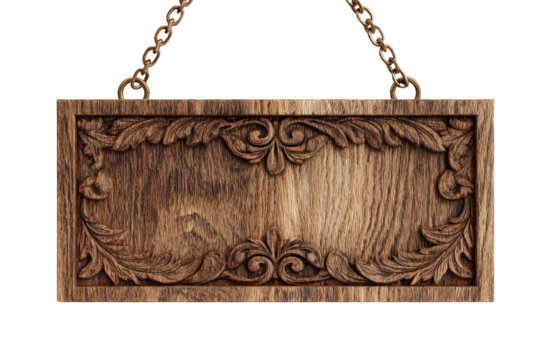 Ornate wooden sign, rectangular shape, hanging from chains.  Carved floral and scrollwork border.  Natural wood tones
