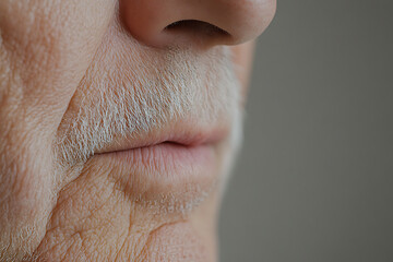 Close up of mature man's face shows aging skin around mouth and nose. White hair on the lip and chin are prominent features of growing older.