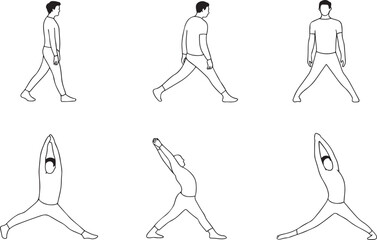 Warrior One Yoga Pose Sequence Illustration for Fitness and Health Wellness Line Art Graphic. CAD Vector People Outlines in Various Poses on White Background