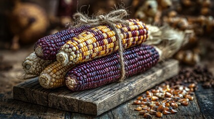A stack of multicolored corn cobs tied with twine on a wooden plank, surrounded by scattered kernels and dried husks