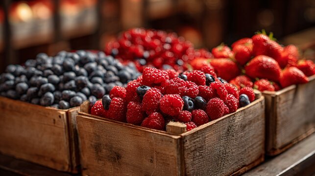 A tabletop filled with crates of strawberries, blueberries, and raspberries, all overflowing in a soft natural glow - Powered by Adobe