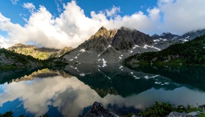 Mountain lake panorama with mirrored clouds
