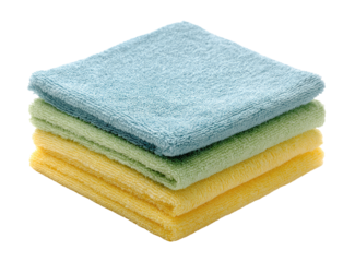 Three soft microfiber cloths stacked, light teal, light green, and light yellow