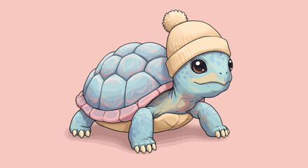 Cartoon Turtle with Winter Hat on Pink Background.