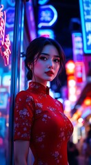 Obraz premium Young Asian woman in red floral dress at neon lit city street image