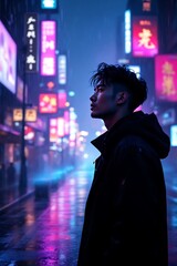 Obraz premium Young man in black jacket gazes at neon signs on rainy city street asian male