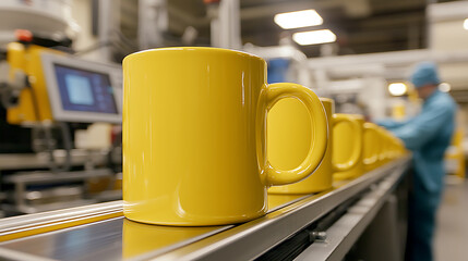 Mugs in production: vibrant yellow mugs aligned on a conveyor belt, ready for final checks, inside a manufacturing facility. Quality and color stand out.