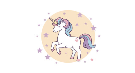 Cartoon Unicorn with Pastel Mane and Golden Horn.