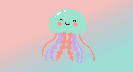 Cute Cartoon Jellyfish with Smiling Face and Colorful Tentacles Illustration.