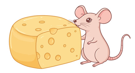Cartoon Mouse with Cheese Block Illustration Pink Rodent Cartoon Style.