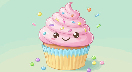 Cute Cartoon Cupcake with Pink Frosting and Sprinkles.