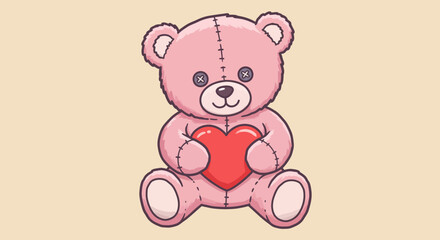 Fototapeta premium Cute Pink Teddy Bear Holding a Red Heart Illustration.