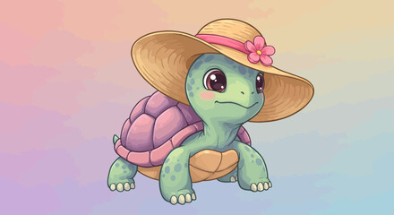 Cartoon Turtle Wearing a Straw Hat with Flower Decoration.