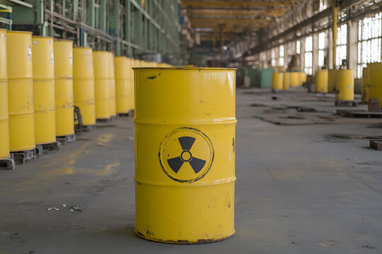 Yellow container marked with radiation symbol. Hazardous waste in an abandoned warehouse.