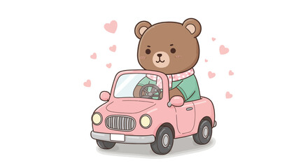 Cute Cartoon Bear Driving a Pink Car with Hearts.