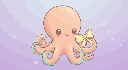 Cute Cartoon Octopus with a Yellow Bow Tie Illustration.