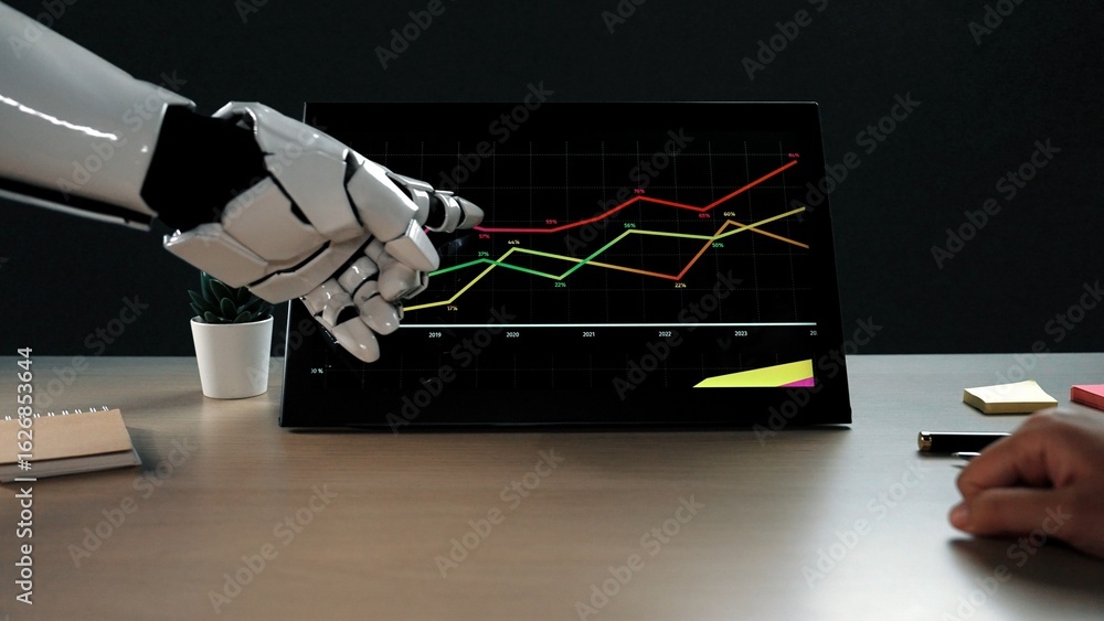 Poster a robotic hand interacts with a touchscreen displaying financial data, showcasing growth trends in a
