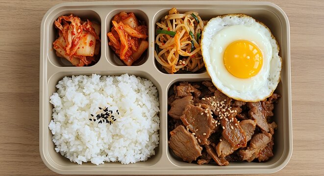 Top-down view of a Korean lunch box, known as dosirak, with grilled meat, white rice, kimchi, and a fried egg