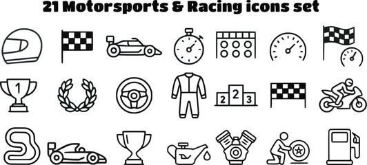 Set of 21 motorsports and racing icons in bold black outline style featuring racing helmet, checkered flags, race cars, stopwatch, dashboard, speedometers, trophy, laurel wreath, steering wheel