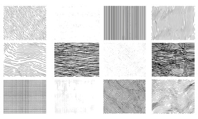 Decorative line patterns set with grid texture, hand-drawn straight and curved lines, geometric hatching backgrounds, vintage ink stripes, marker scratches, abstract tile brush canvas