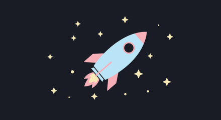 Naklejka premium Cartoon Rocket Ship Launching in Space with Stars.