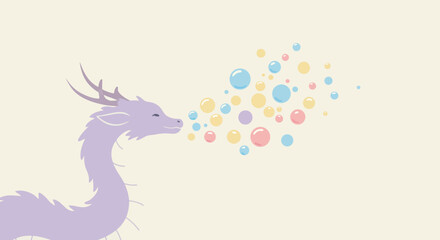 Obraz premium Lilac Dragon Blowing Colorful Bubbles Fantasy Illustration.