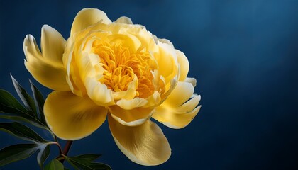 majestic yellow peony bloom against a dark blue background