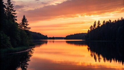 Fototapeta premium Stunning dusk scene with an intensely colored sky reflecting on a secluded lake, framed by dark silhouettes of tall pine trees, creating a peaceful and picturesque wilderness view.