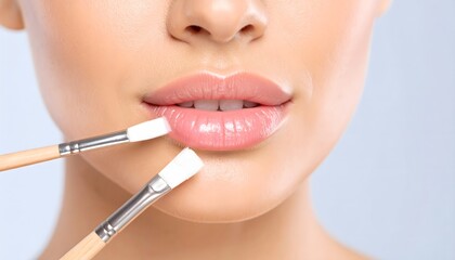 Naklejka premium Close-up of woman’s lips being gently brushed with makeup applicators