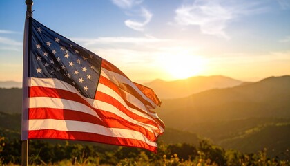 American flag billowing proudly against a mountainous sunset backdrop