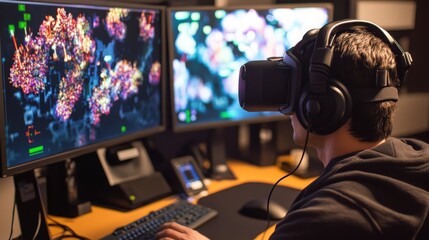 Person wearing virtual reality headset while looking at computer screens.
