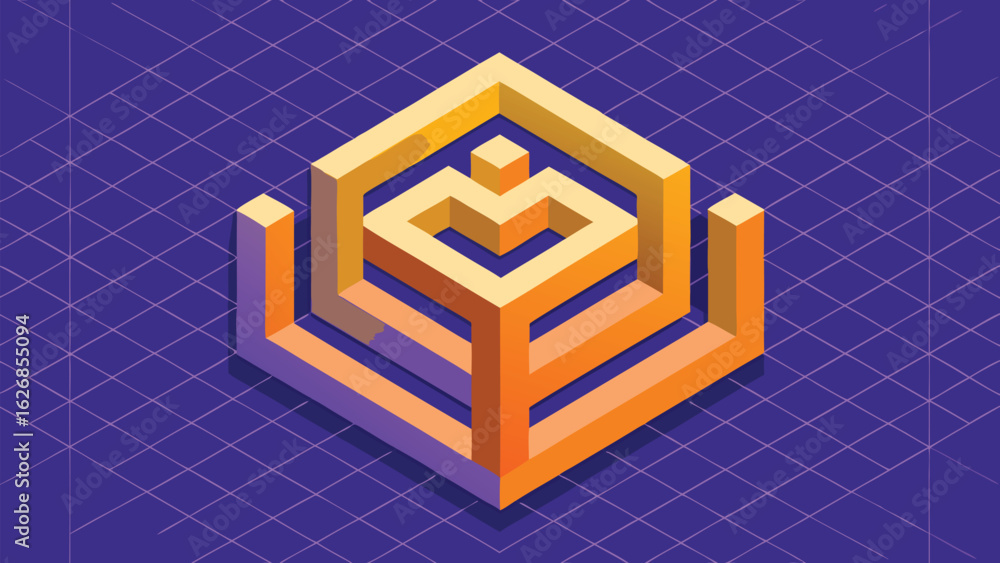 Poster abstract isometric 3d cube illustration with gradient colors and perspective on purple grid