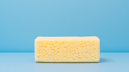A porous rectangular sponge is presented against a solid light blue background. Its texture is visible, offering a cleaning or textural representation.
