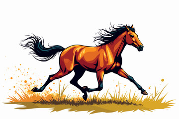 Fototapeta premium Running horse illustration, dynamic movement, wild spirit, grass field, colorful design