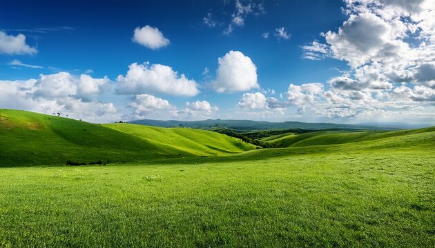 vast grassy field rolling hills and a vibrant blue sky with puffy white clouds lush greenery surrounds the scene
