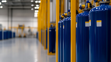 Blue tanks in yellow frames lined in a row. Indoor industrial setting showing engineering and mechanical processes.