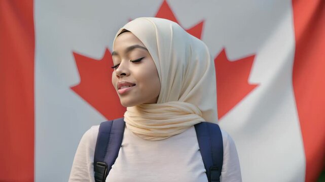 Confident Young Muslim Woman in Hijab Smiling and Looking Up in Front of Canadian Flag &ndash; Diversity, Patriotism and Cultural Identity in Motion
