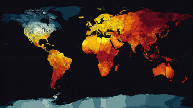 Global temperature map showing varying heat levels across continents oceans and polar regions