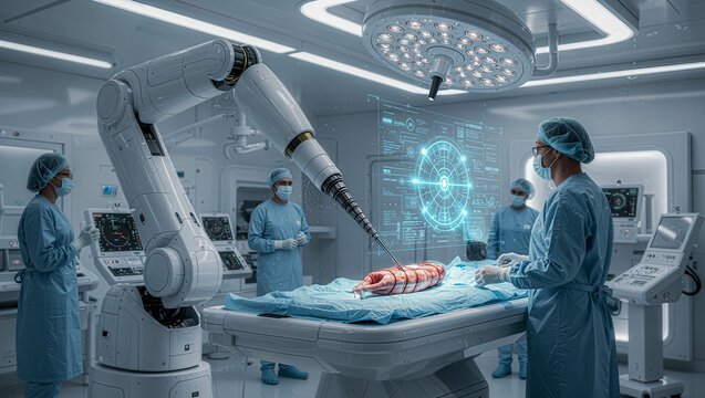 Robotic Surgery in Action: AI-Assisted Surgical Arm Operates with Holographic Guidance in Ultra-Modern OR - Team of Surgeons Monitoring via Digital Interface - Powered by Adobe