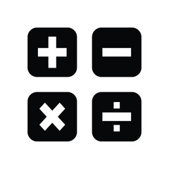 Four mathematical symbols: plus, minus, multiply, and divide, displayed in black squares on a white background.