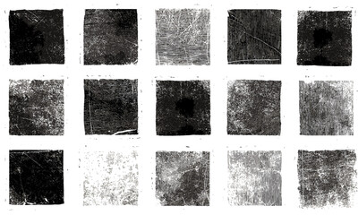 Plakat Grungy linocut hand printed square shapes set with textured relief blocks. Rough scuffed lino ink stamps, retro artistic backgrounds, vintage distressed frames, abstract craft design elements