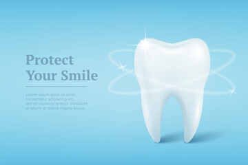 Vector 3d Realistic Tooth on Blue Background. Healthy White Tooth with Glowing Light Effect for Dental Clinic. Banner with Tooth for Dentistry, Tooth Care Concept, Oral Hygiene, Dentist Clinic Design