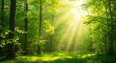 Obraz premium Vibrant green forest with sunlight filtering through trees, serene