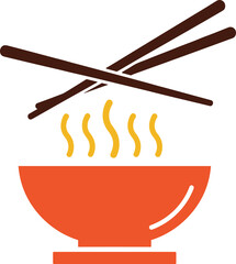 Cad drawing flat vector illustration of hot food bowl icon, steam lines, chopsticks, Asian cuisine symbol, restaurant graphic element